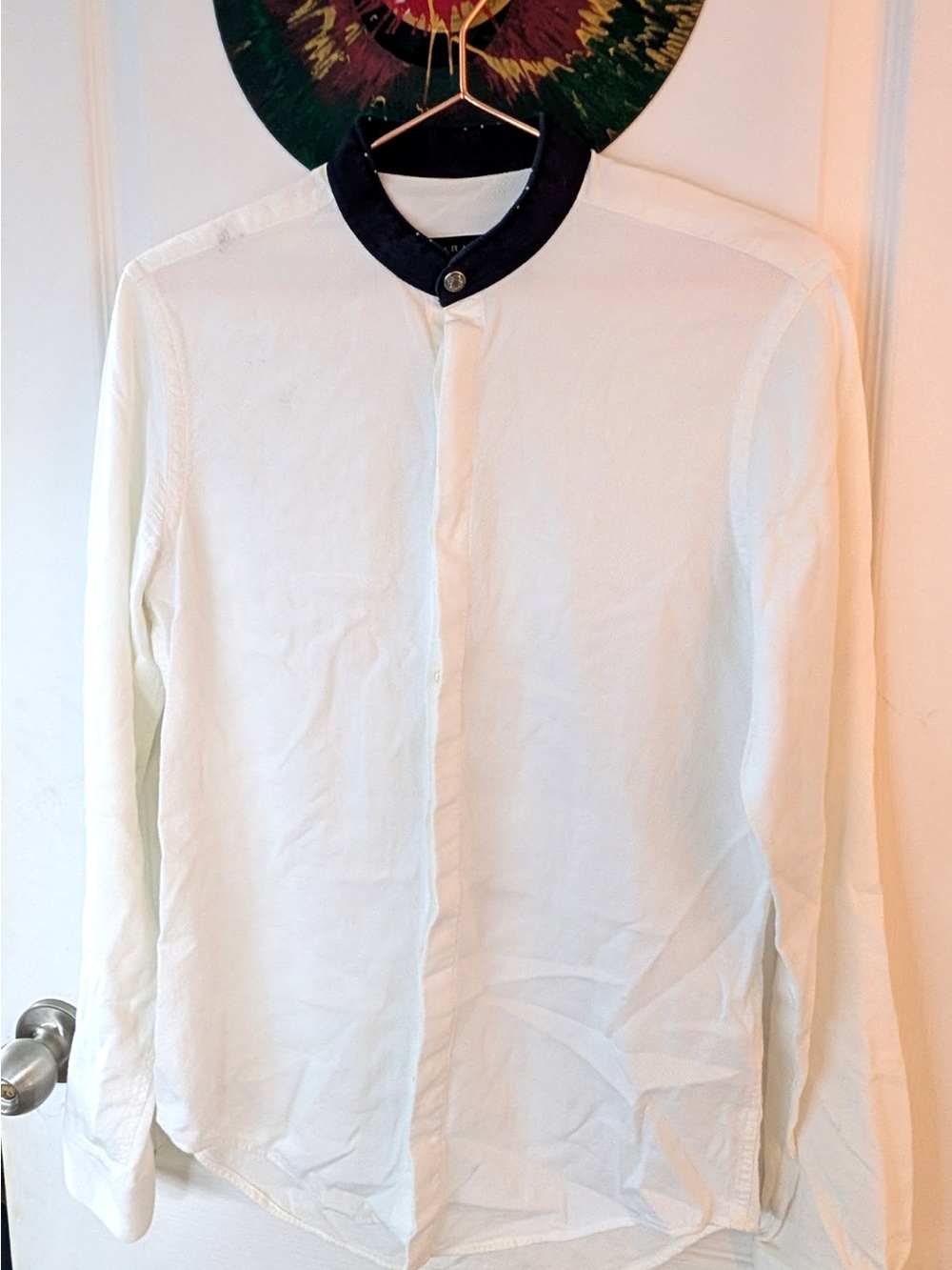Zara Man White Shirt with Black Contrast Mandarin Collar and metal bottons
